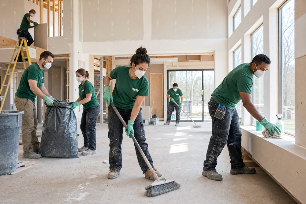 Post-construction cleaning crew removing dust and debris